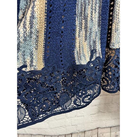 CHICO'S white gray blue knit lace trim open front oversized cardigan vest L/XL - Picture 7 of 9
